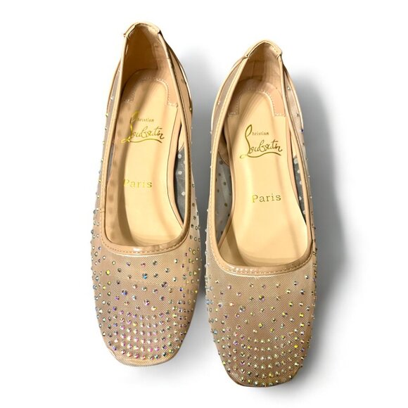 Beige Crystal Embellished Mesh Follis Strass Ballerina Flats - Picture 2 of 12
